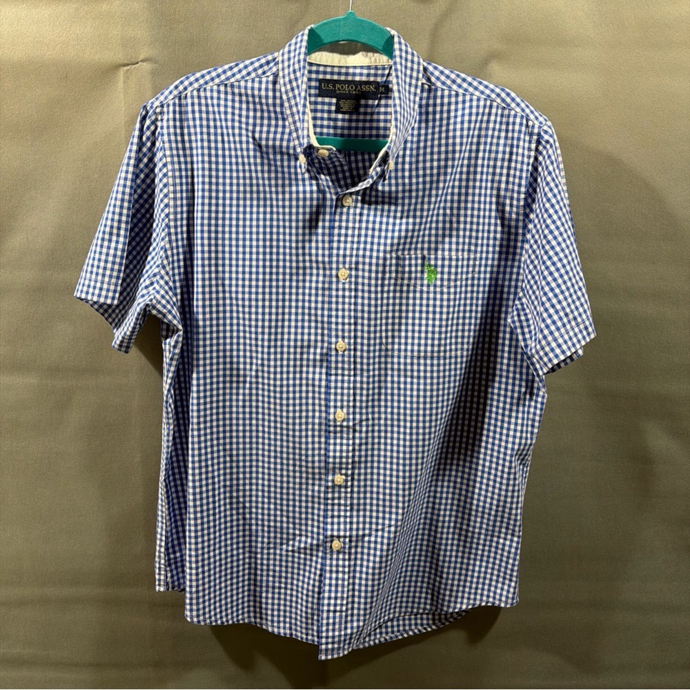 US Polo Assn Button Down Shirt Mens Blue Check Short Sleeve Sz M